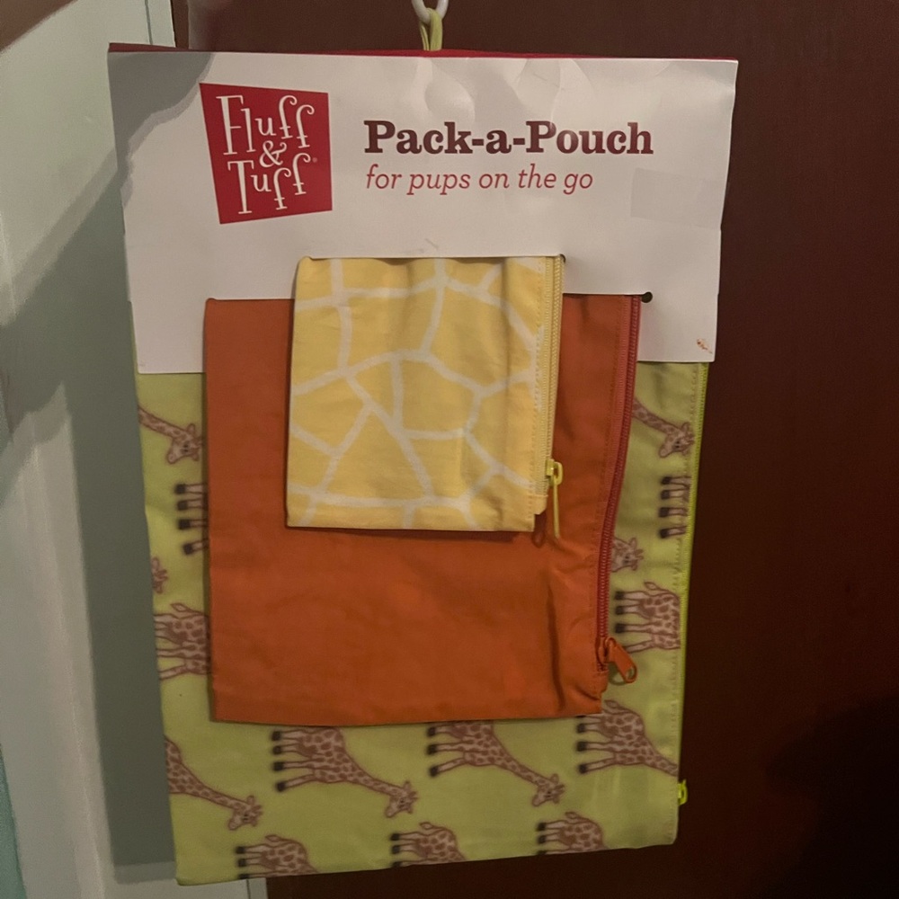 Fluff n Tuff Pack a Pouch for pups on the go Giraffe print dog pouches bags